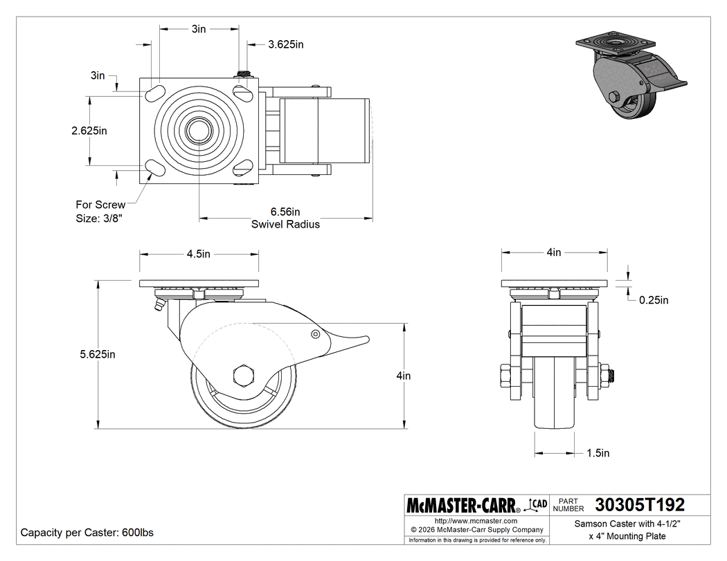 Technical Drawing of Samson Caster with 4-1/2" x 4" Mounting Plate, Swivel with Total Lock and 4" Diameter 60D Durometer Polyurethane Wheel.